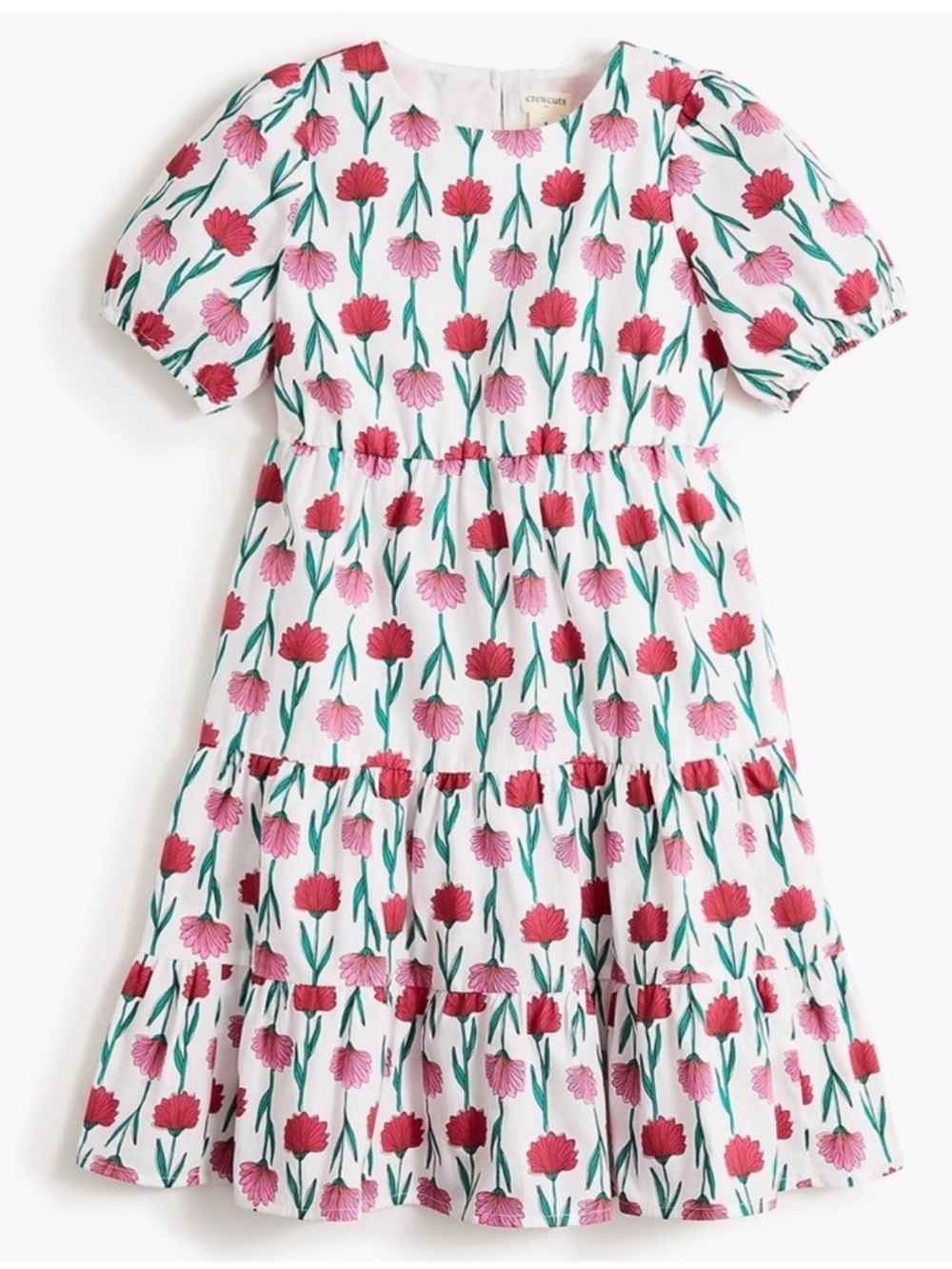Crewcuts White Tiered Dress with Pink & Red Floral Print